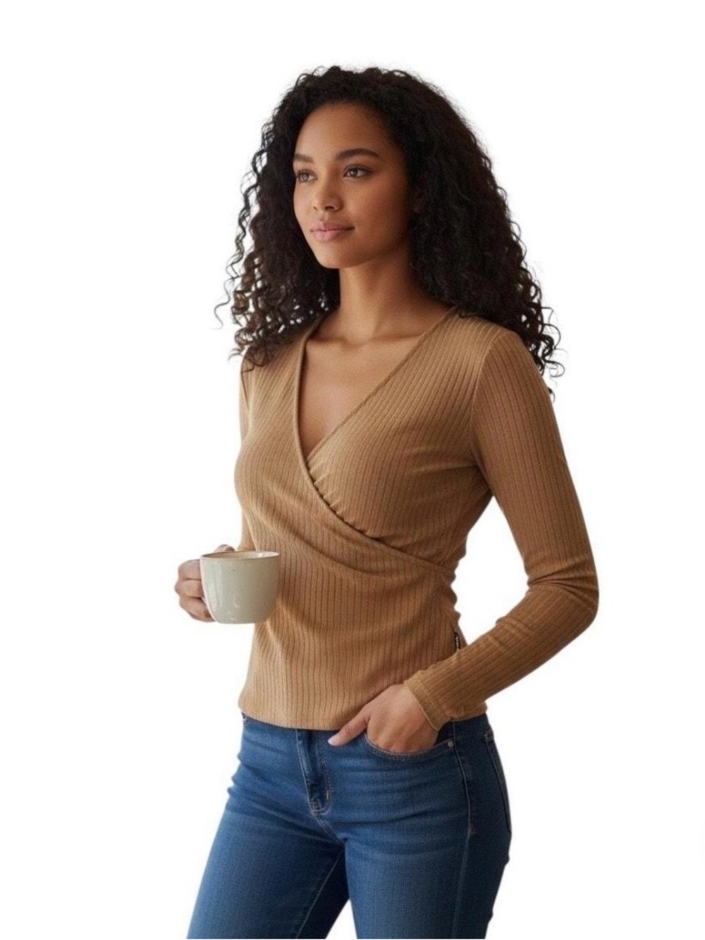 Banana Republic Ribbed Wrap V-Neck Top in Camel